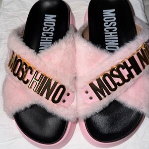 Moschino Pink Faux Fur Slide Sandals with Gold Logo